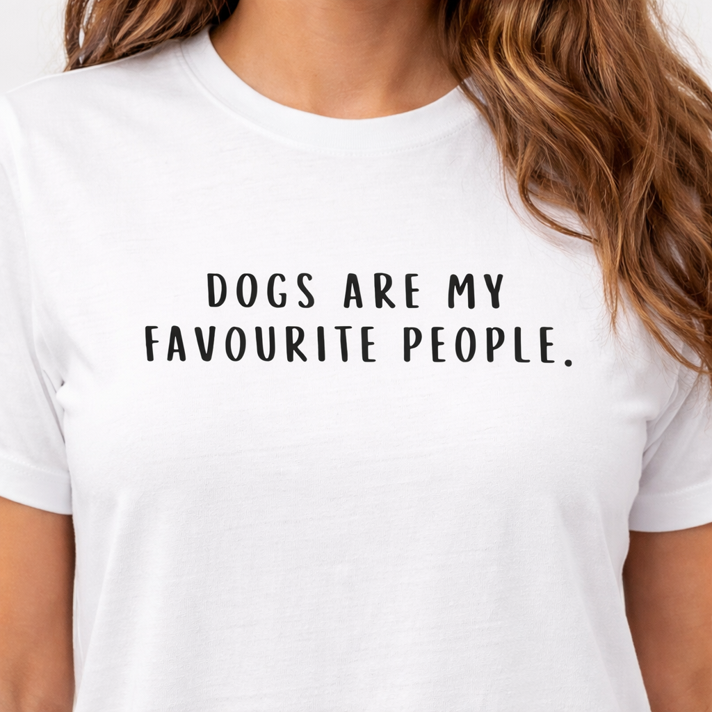 dogs are my favourite people tshirt  black font on white shirt on a girl